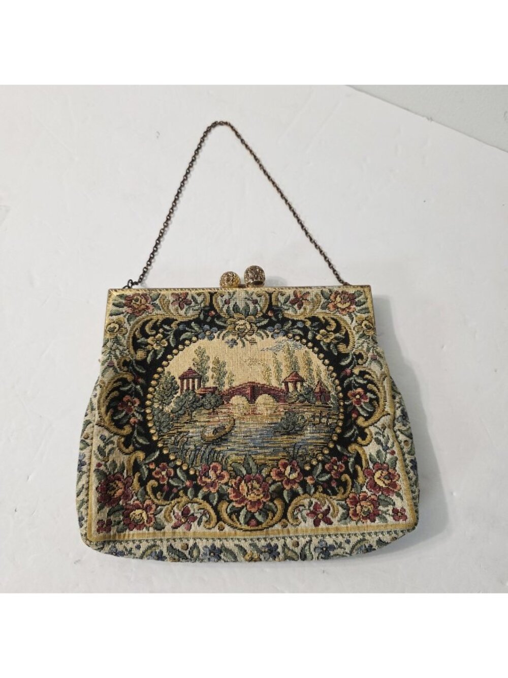 Vtg Wolborg Floral Bridge Water Theme Tapestry Purse Bag Clutch Kiss Lock